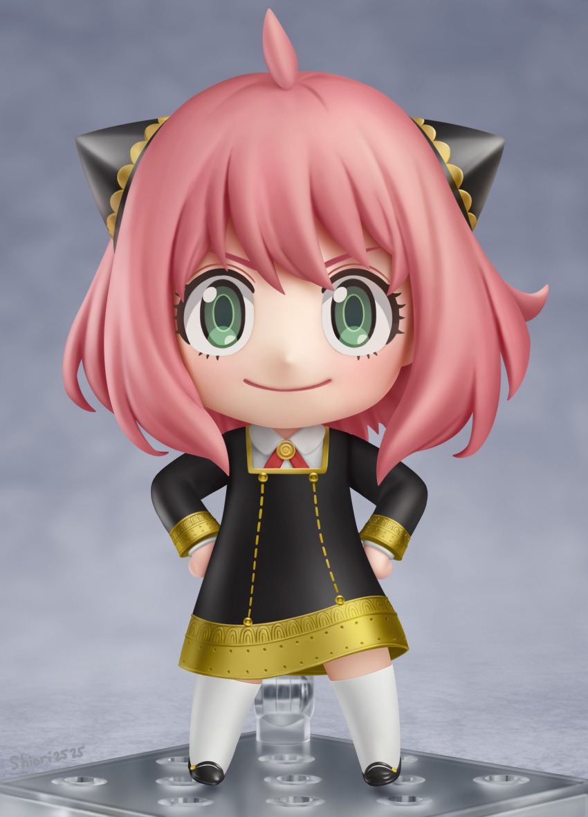 1girl absurdres ahoge anya_(spy_x_family) blush chibi closed_mouth eyebrows faux_figurine full_body hands_on_hips highres kneehighs long_sleeves looking_at_viewer nendoroid pink_hair shiori2525 short_hair smile solo spy_x_family white_legwear