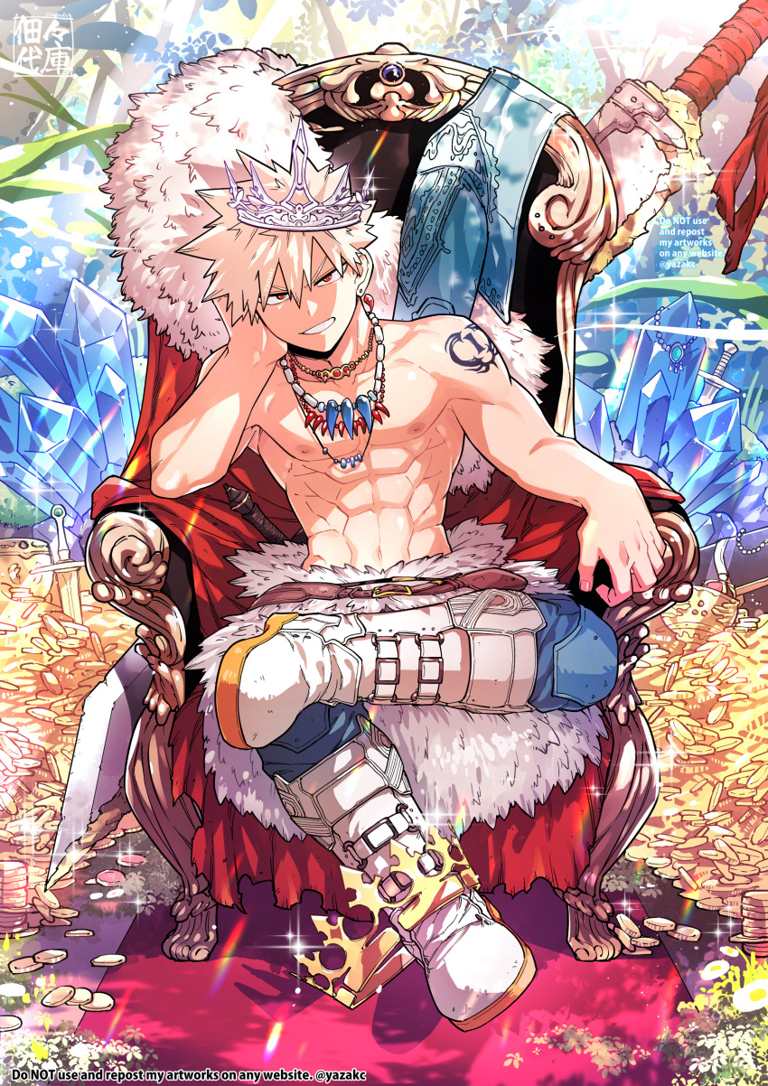 1boy absurdres bakugou_katsuki bangs blonde_hair boku_no_hero_academia boots coin crown crystal fur_trim gold grin highres huge_weapon knee_boots looking_at_viewer male_focus multiple_necklaces red_eyes short_hair smile solo spiky_hair sword tattoo throne topless_male twitter_username v-shaped_eyebrows waist_cape weapon yazaki_(yazakc)