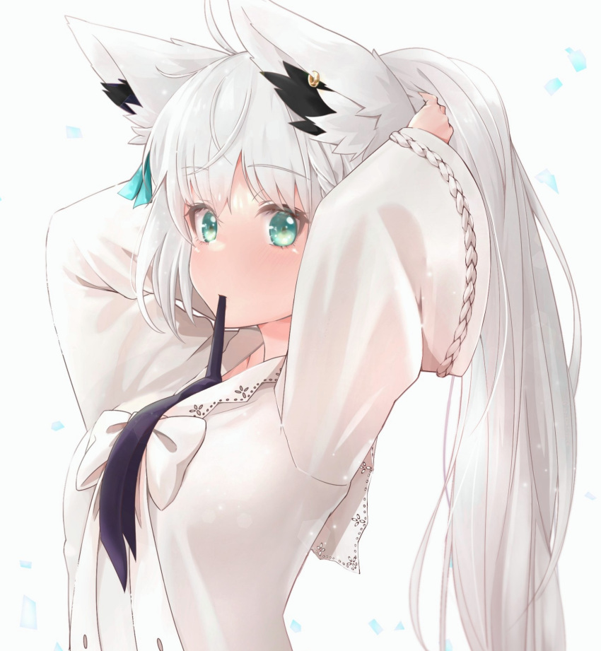 1girl ahoge animal_ear_fluff animal_ears arm_up bangs black_bow blush bow braid breasts commentary_request earrings ellieka_sama eyebrows_visible_through_hair fox_ears fox_girl green_eyes hair_between_eyes hair_bow hair_tie_in_mouth highres hololive jewelry long_hair long_sleeves looking_at_viewer mouth_hold shirakami_fubuki shirt sidelocks simple_background single_braid small_breasts solo tying_hair virtual_youtuber white_background white_hair white_shirt