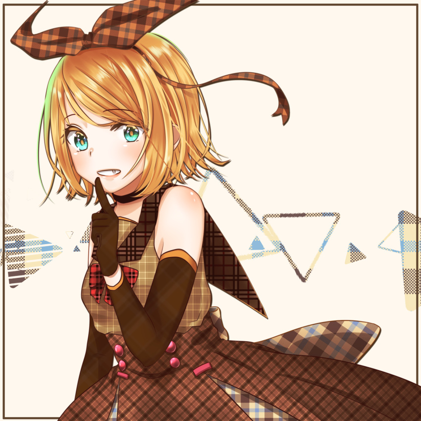 1girl bangs blonde_hair blue_eyes blush bow bowtie buttons detached_sleeves fang gloves hair_bow hair_ornament hair_ribbon half_gloves hand_on_own_chin highres index_finger_raised kagamine_rin looking_at_viewer medium_hair open_mouth patterned_clothing plaid pleated_skirt ponta_(poqpon) ribbon sailor_collar short_hair skirt sleeveless smile solo vocaloid