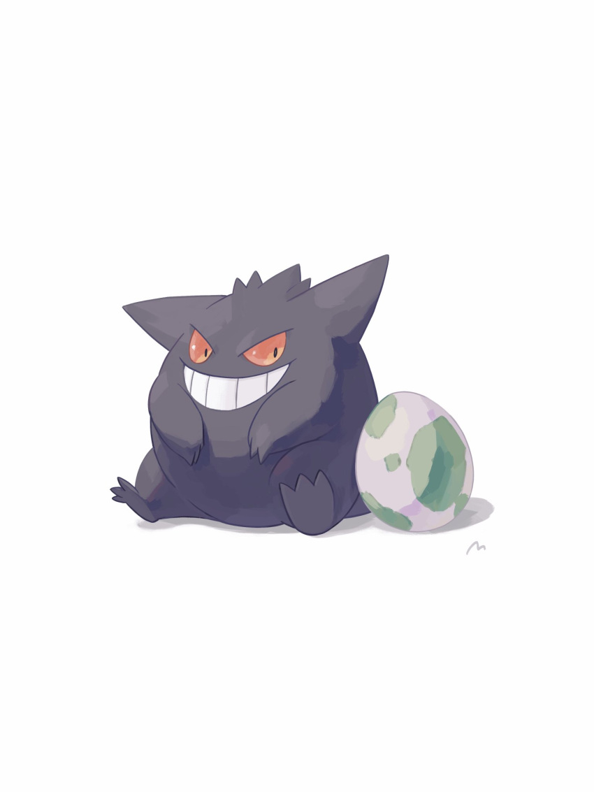 commentary_request egg gengar grin highres looking_to_the_side mokuzou_(moku_ssbu) no_humans pokemon pokemon_(creature) pokemon_egg simple_background sitting smile solo teeth white_background