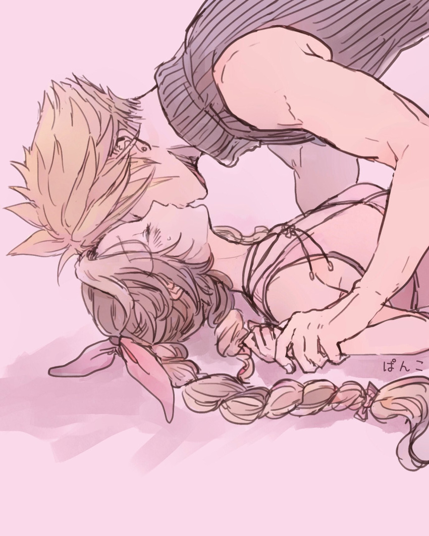 1boy 1girl aerith_gainsborough ancotsubu armor_removed bangs blonde_hair blue_shirt blush braid braided_ponytail breasts brown_hair choker closed_eyes cloud_strife couple dress earrings final_fantasy final_fantasy_vii final_fantasy_vii_remake hair_ribbon highres holding_another's_wrist jacket jacket_removed jewelry medium_breasts muscular muscular_male parted_bangs pink_background pink_dress pinned ribbon shirt sidelocks single_earring sleeveless sleeveless_turtleneck spiky_hair sweat turtleneck upper_body wavy_hair