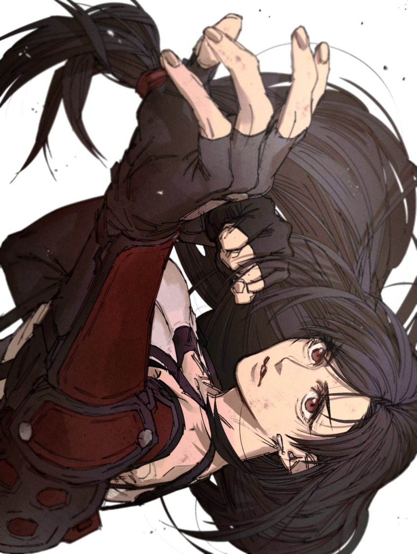 1girl arm_guards asymmetrical_bangs bangs black_hair breasts brown_hair earrings fighting_stance final_fantasy final_fantasy_vii final_fantasy_vii_remake fingerless_gloves fingernails gloves highres inuue15 jewelry large_breasts long_hair low-tied_long_hair parted_lips shirt solo sportswear suspenders tifa_lockhart upper_body white_background white_shirt