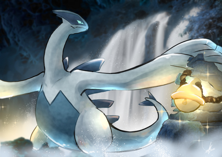 absurdres bell closed_mouth commentary_request foam glowing glowing_eyes highres lugia no_humans pokemon pokemon_(creature) rope smile solo sparkle water waterfall yuki_nagisaa