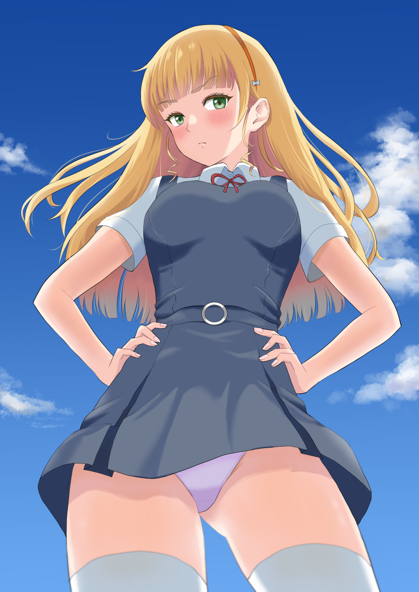 1girl absurdres akiyama_sii blonde_hair blush breasts closed_mouth clouds eyebrows_visible_through_hair from_below green_eyes hairband hands_on_hips heanna_sumire highres large_breasts long_hair looking_at_viewer love_live! love_live!_superstar!! panties pink_panties school_uniform shiny shiny_hair shiny_skin sky solo thigh-highs underwear upskirt white_legwear