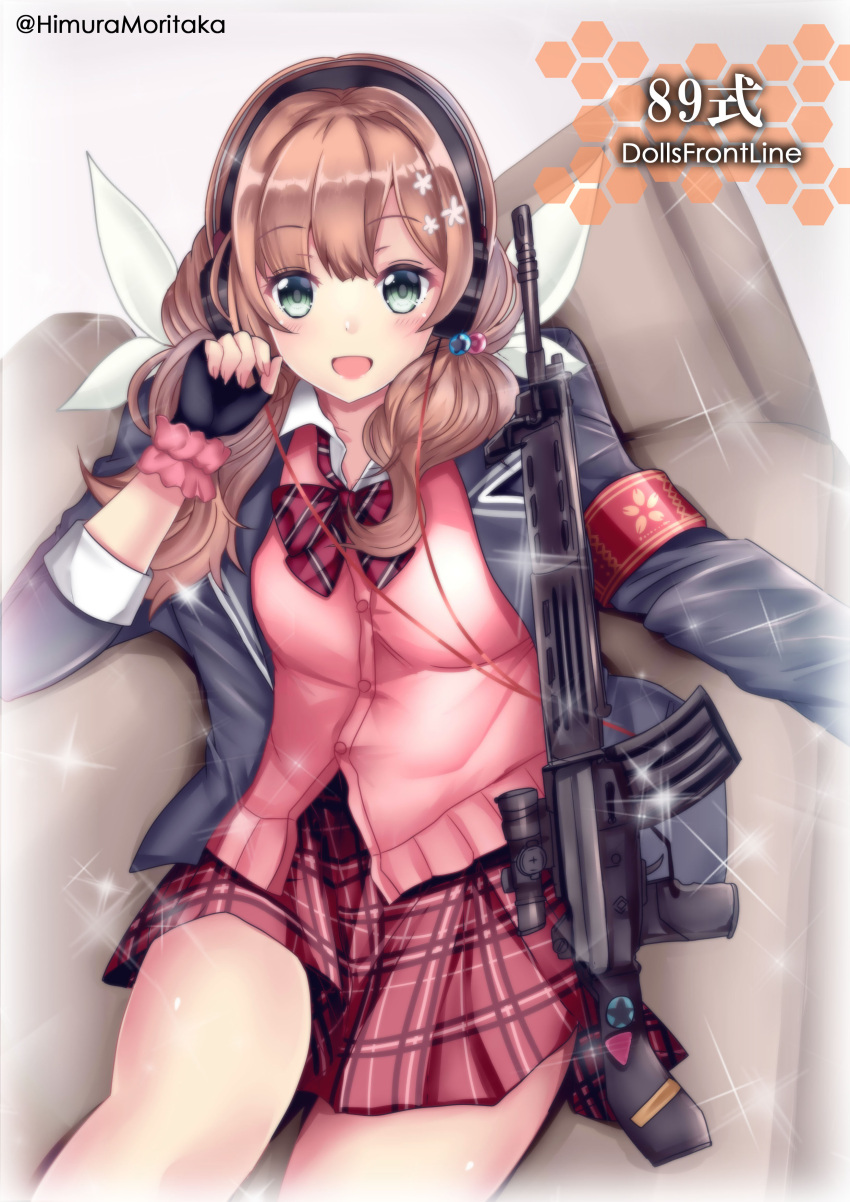 1girl absurdres aqua_eyes artist_name assault_rifle black_gloves bow brown_hair cardigan character_name collared_shirt fingerless_gloves girls_frontline gloves gun hair_ribbon highres himura_moritaka howa_type_89 howa_type_89_(girls'_frontline) jacket long_hair long_sleeves open_mouth pink_cardigan pink_skirt plaid plaid_bow plaid_skirt ribbon rifle school_uniform shirt sitting skirt solo weapon white_shirt