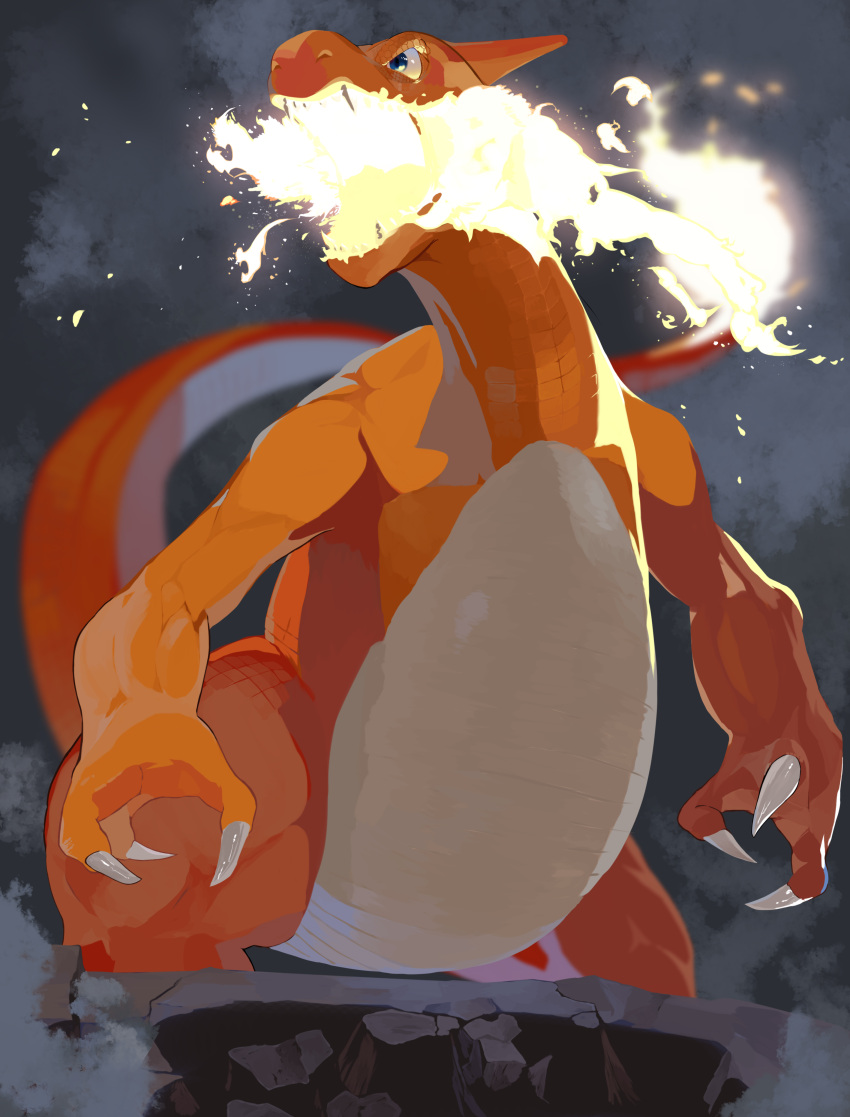 absurdres blue_eyes blurry breathing_fire charmeleon claws commentary_request fire flame-tipped_tail from_below highres looking_to_the_side no_humans pokemon pokemon_(creature) solo standing yunimaru