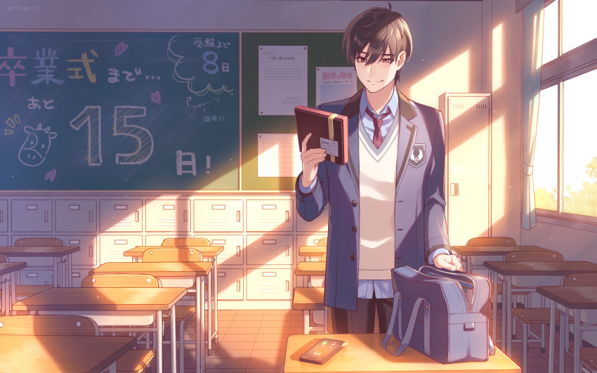 1boy bag bangs black_hair black_pants blazer blue_jacket blue_shirt box chair chalkboard classroom closed_mouth collared_shirt cowboy_shot curtains day desk dress_shirt hair_between_eyes hand_up highres holding holding_box indoors jacket kazama_ryouta locker long_sleeves looking_at_viewer necktie open_clothes open_jacket pants red_eyes red_necktie school_bag school_chair school_desk school_uniform shirt short_hair smile solo sunlight sweater_vest tile_floor tiles tokimeki_memorial tokimeki_memorial_girl's_side_4th_heart ttnk_gc19 unbuttoned untucked_shirt window window_shade