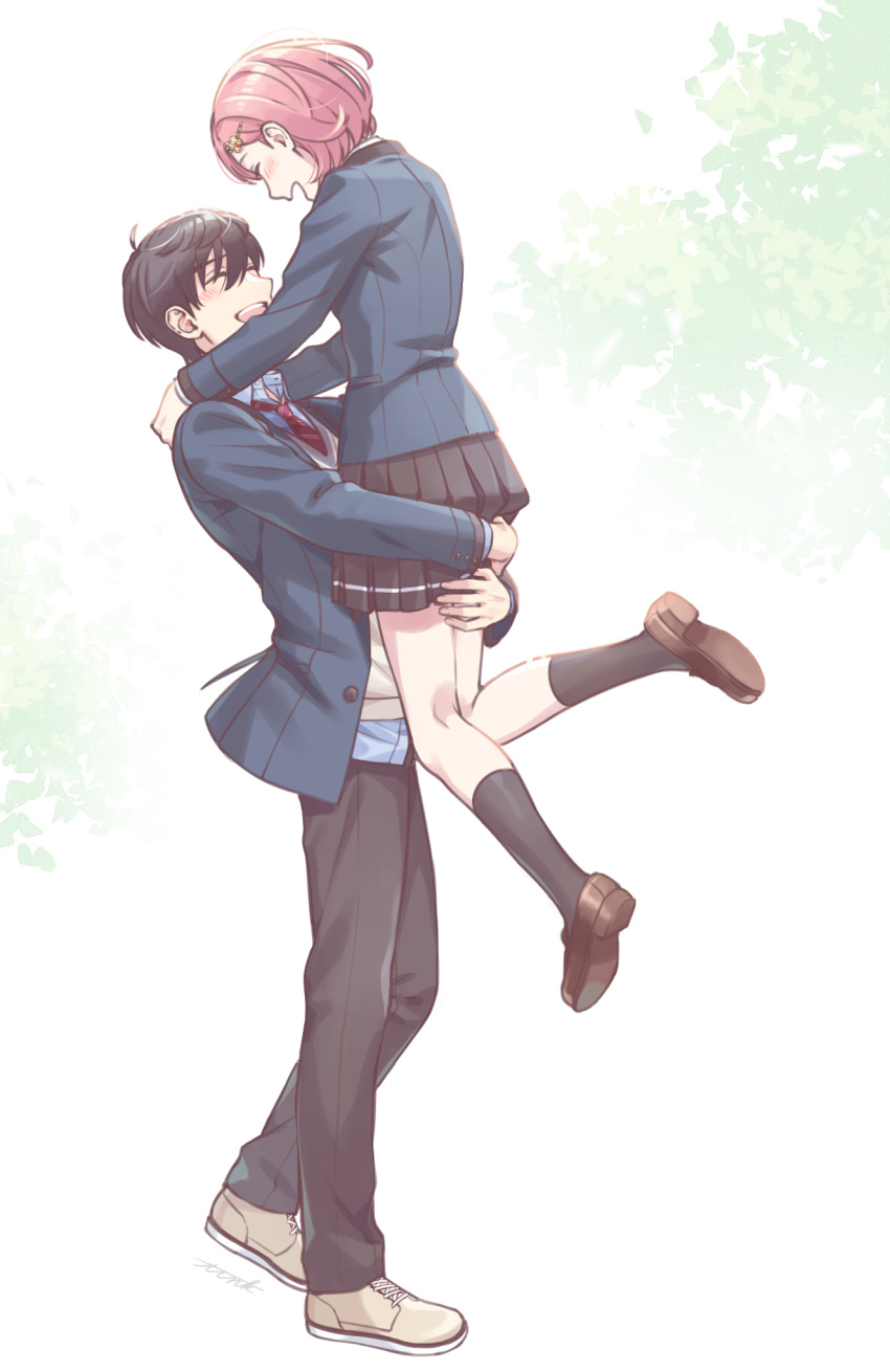 1boy 1girl ^_^ bangs black_hair black_legwear black_pants black_skirt blazer blue_jacket blush bob_cut brown_footwear carrying closed_eyes collared_shirt cross-laced_footwear dress_shirt flower full_body hair_between_eyes hair_ornament hairclip highres jacket kazama_ryouta kneehighs loafers long_sleeves necktie open_clothes open_jacket open_mouth outstretched_arms pants protagonist_(tokimemo_gs4) red_necktie school_uniform shirt shoe_soles shoes short_hair skirt sneakers standing sweater_vest tokimeki_memorial tokimeki_memorial_girl's_side_4th_heart ttnk_gc19 unbuttoned untucked_shirt white_background white_shirt yellow_flower