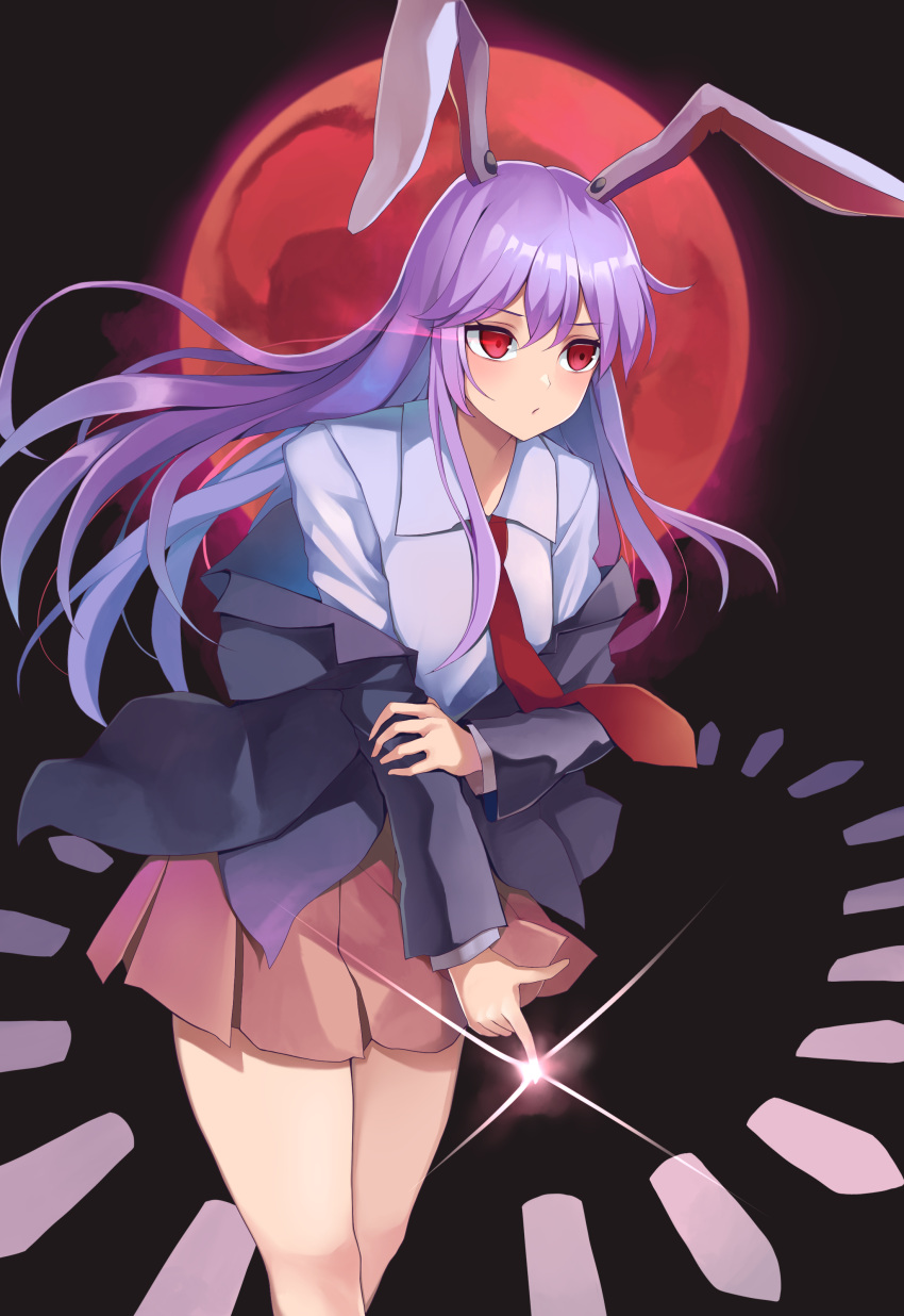 1girl absurdres animal_ears black_jacket blazer blush collared_shirt danmaku feet_out_of_frame full_moon hair_between_eyes highres jacket koizumo long_hair long_sleeves moon necktie open_clothes open_jacket parted_lips pink_skirt pleated_skirt purple_hair rabbit_ears red_eyes red_moon red_necktie reisen_udongein_inaba shirt skirt solo touhou white_shirt