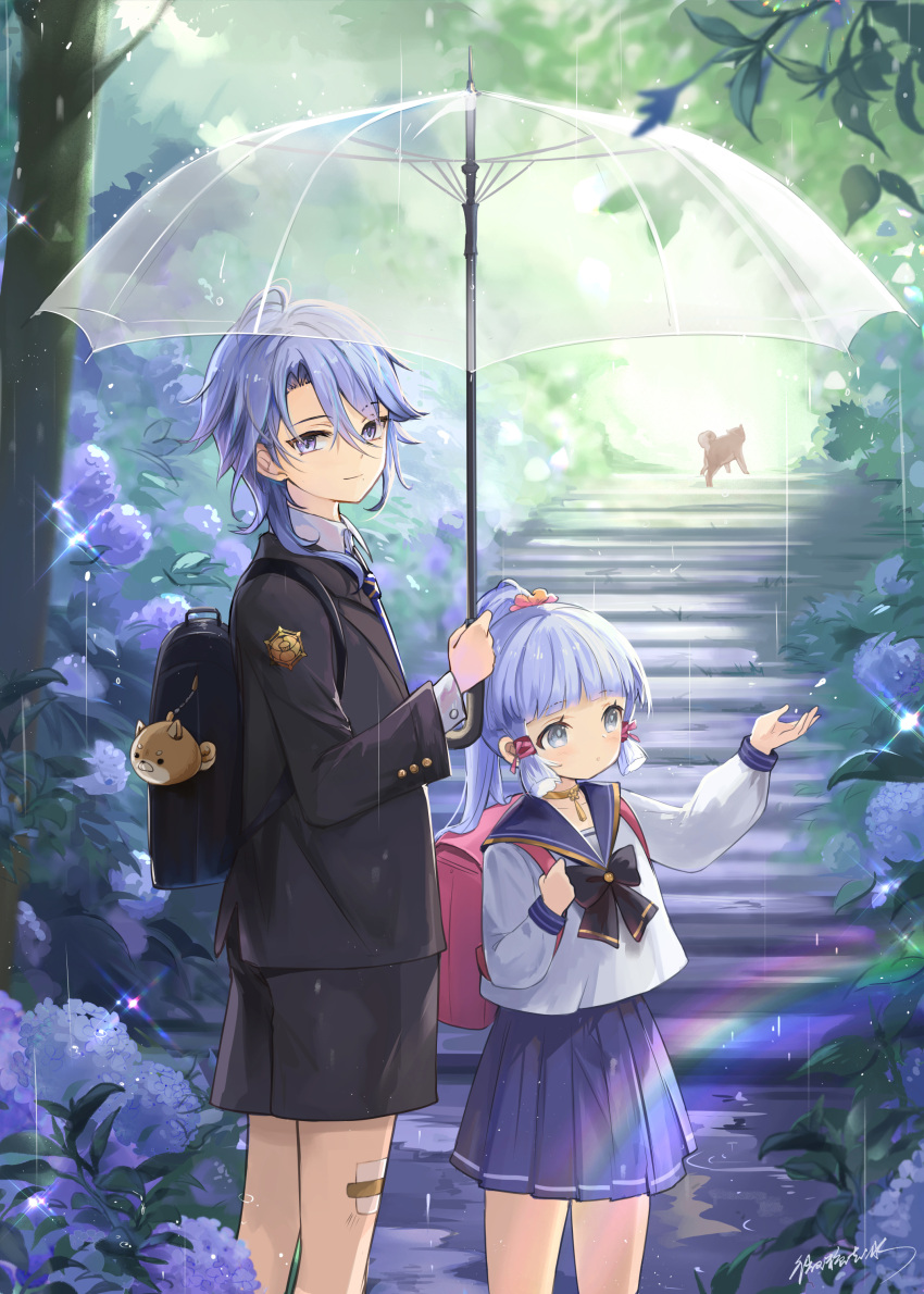 1boy 1girl absurdres bandaid bandaid_on_leg brother_and_sister child flower genshin_impact highres hydrangea issign kamisato_ayaka kamisato_ayato looking_at_viewer looking_to_the_side mole mole_under_eye mole_under_mouth ponytail rain school_uniform shorts siblings skirt smile umbrella water_drop