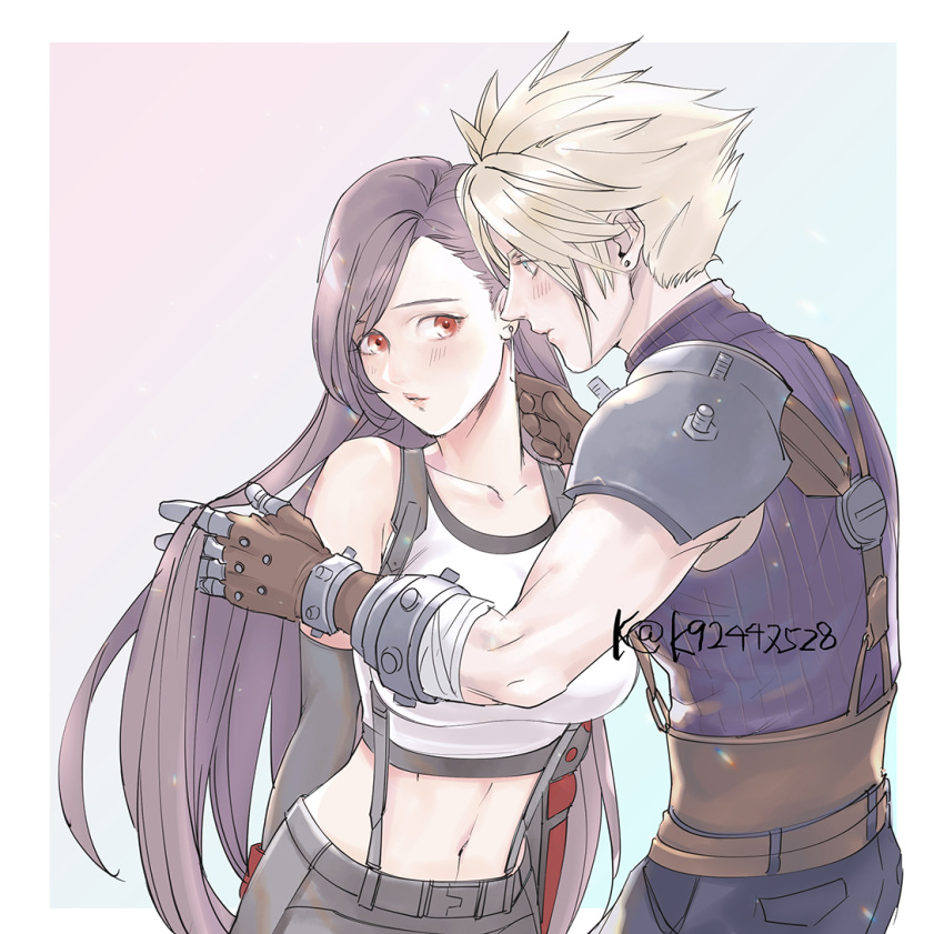 1boy 1girl armor bare_shoulders blonde_hair blue_eyes blush breasts brown_hair cloud_strife collarbone couple crop_top detached_sleeves earrings final_fantasy final_fantasy_vii final_fantasy_vii_remake gloves hand_in_another's_hair jewelry large_breasts long_hair looking_at_another midriff mugikoma navel red_eyes shoulder_armor skirt sleeveless sleeveless_turtleneck spiky_hair suspender_skirt suspenders tank_top tifa_lockhart turtleneck