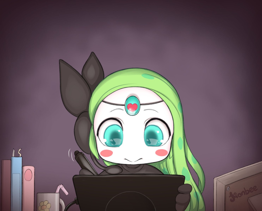 1girl blue_eyes book closed_mouth commentary cup drawing drawing_tablet drinking_straw english_commentary eye_reflection green_hair highres holding holding_stylus kionant long_hair meloetta meloetta_(aria) pokemon pokemon_(creature) reflection solo stylus
