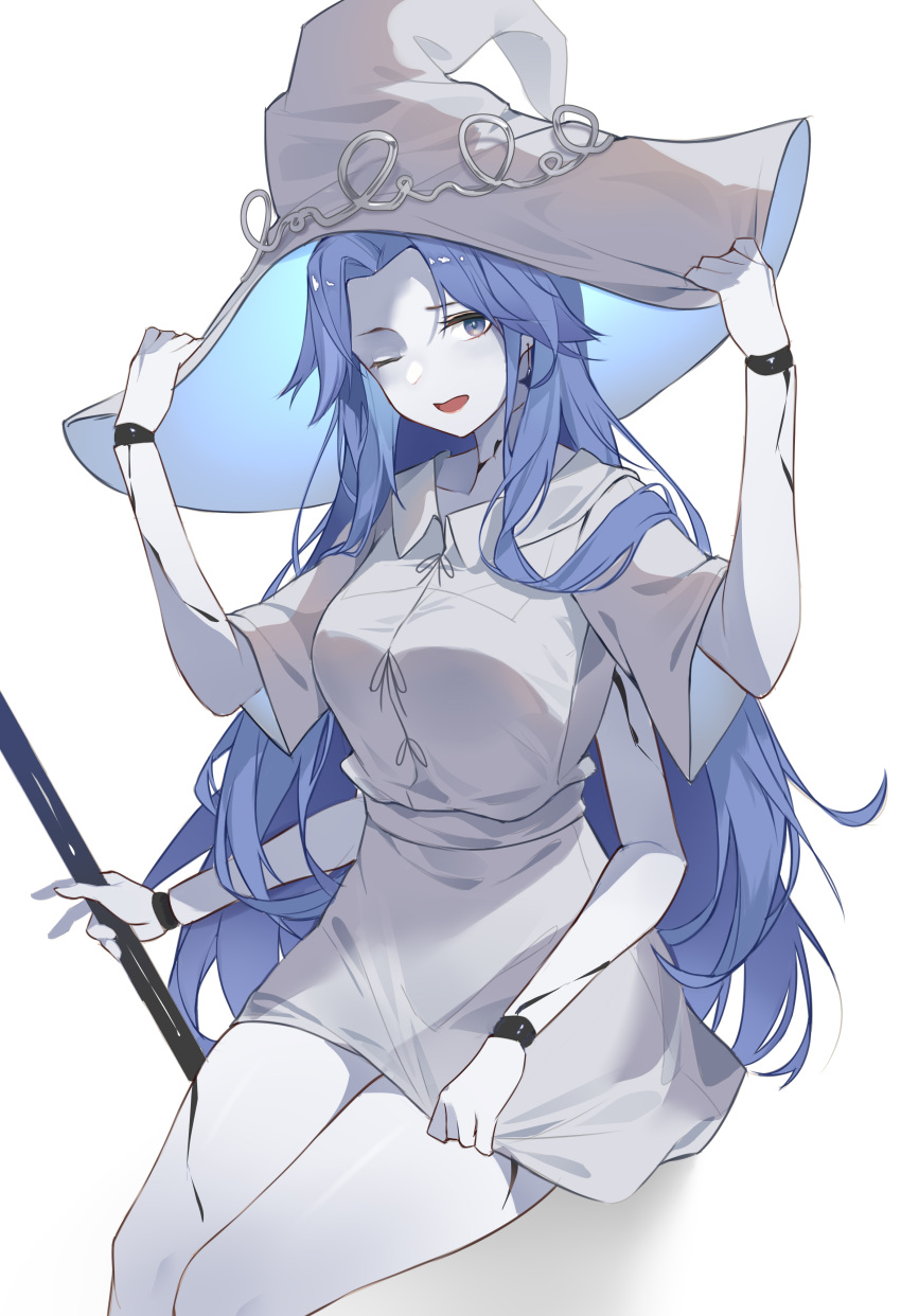 1girl 953874431 absurdres alternate_breast_size blue_eyes blue_hair blue_skin breasts cloak colored_skin cracked_skin doll_joints dress elden_ring extra_arms hat highres joints long_hair looking_at_viewer one_eye_closed ranni_the_witch solo white_dress white_headwear witch witch_hat