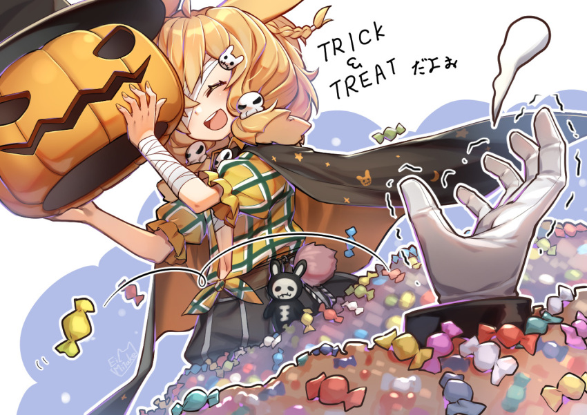 1girl 1other :d ^_^ animal_ears arknights bandage_over_one_eye bandaged_arm bandages black_cape black_headwear black_skirt blonde_hair blue_background blush candy_wrapper cape closed_eyes front-tie_top gloves hair_ornament hands_up hat holding jack-o'-lantern kroos_(arknights) long_hair long_sleeves mitake_eil nail_polish navel orange_nails plaid plaid_shirt puffy_short_sleeves puffy_sleeves shirt short_sleeves skirt skull_hair_ornament smile tail teeth trembling trick_or_treat two-tone_background upper_teeth white_background white_gloves witch_hat yellow_shirt