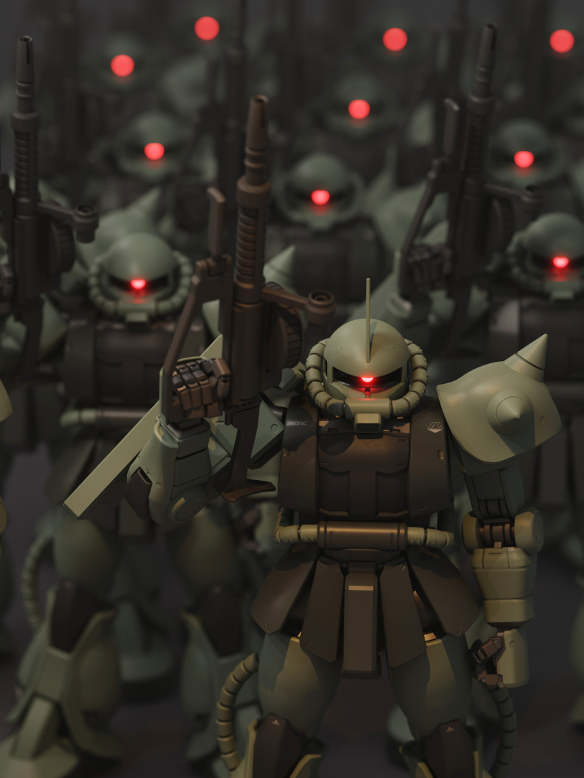 3d absurdres army blender_(medium) blurry blurry_background cable cyclops english_commentary glowing glowing_eye gun gundam gunpla highres hose machine_gun machinery mecha mjeff mobile_suit mobile_suit_gundam model_kit one-eyed photorealistic radio_antenna realistic red_eyes shield spikes tube weapon zaku zaku_ii zeon