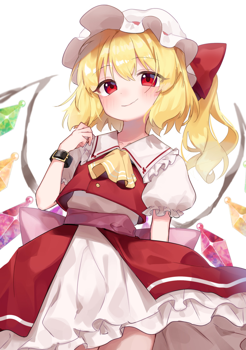 1girl absurdres ascot bangs belt black_belt blonde_hair blush bow collared_shirt commentary cowboy_shot crystal eyebrows_visible_through_hair fang flandre_scarlet frilled_shirt_collar frills hair_between_eyes hand_up hat hat_ribbon highres looking_at_viewer medium_hair mob_cap one_side_up petticoat pink_bow puffy_short_sleeves puffy_sleeves red_ribbon red_skirt red_vest ribbon shirt short_sleeves skin_fang skirt smile solo suikario touhou touhou_gouyoku_ibun vest waist_bow white_background white_headwear white_shirt wings wrist_belt yellow_ascot