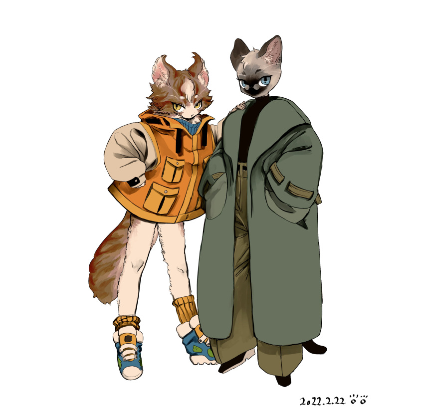 2others absurdres androgynous animal_ears asymmetrical_legwear baggy_clothes blue_eyes blue_scarf body_fur cat cat_ears cat_tail coat full_body furry furry_with_furry glasses green_coat green_pants hand_on_another's_shoulder hands_in_pockets highres long_sleeves looking_at_viewer multiple_others original oversized_clothes pants scarf shima_(wansyon144) shoes short_eyebrows siamese_cat simple_background sleeves_past_wrists sneakers socks tail thick_eyebrows turtleneck uneven_legwear whiskers white_background yellow_eyes
