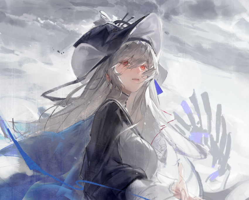 1girl arknights bangs blurry blurry_background brush_stroke cape closed_mouth clouds cloudy_sky eyebrows_visible_through_hair eyes_visible_through_hair fossil from_below from_side hat highres kurii89800727 long_hair long_sleeves looking_at_viewer outstretched_hand rain red_eyes sky solo specter_(arknights) specter_the_unchained_(arknights) tilted_headwear upper_body white_hair wind