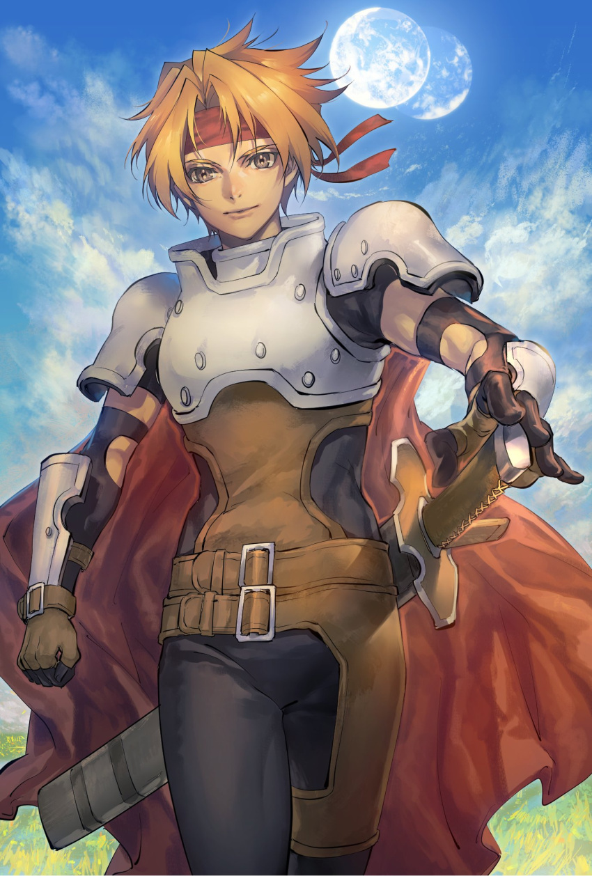 1boy arm_guards armor asymmetrical_bangs asymmetrical_legwear bangs blonde_hair brown_eyes cape clouds cloudy_sky cress_albane drawing_sword full_body gloves grass headband highres holding holding_sword holding_weapon kin_mokusei leather plate_armor red_cape red_headband sheath short_sleeves shoulder_armor sky solo strap sword tales_of_(series) tales_of_phantasia upper_body walking weapon