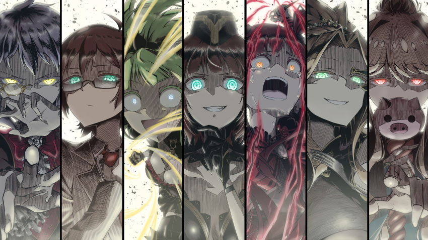 6+girls absurdres ahoge black_gloves blue_eyes character_request commentary_request crown crying doll fork glasses gloves glowing glowing_eyes green_eyes hat highres holding holding_doll holding_knife idolmaster idolmaster_million_live! knife military_hat multiple_girls necktie orange_eyes parka_(summersketch) red_eyes red_necktie tagme teardrop violet_eyes yellow_eyes