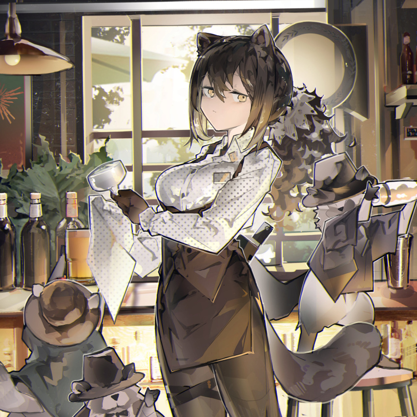 1girl absurdres adapted_costume animal_ears arknights bottle cocktail cocktail_glass cowboy_shot cup drinking_glass freckles highres holding holding_cup jumbowhopper pantyhose polka_dot polka_dot_shirt raccoon raccoon_ears raccoon_girl raccoon_tail robin_(arknights) shirt tail
