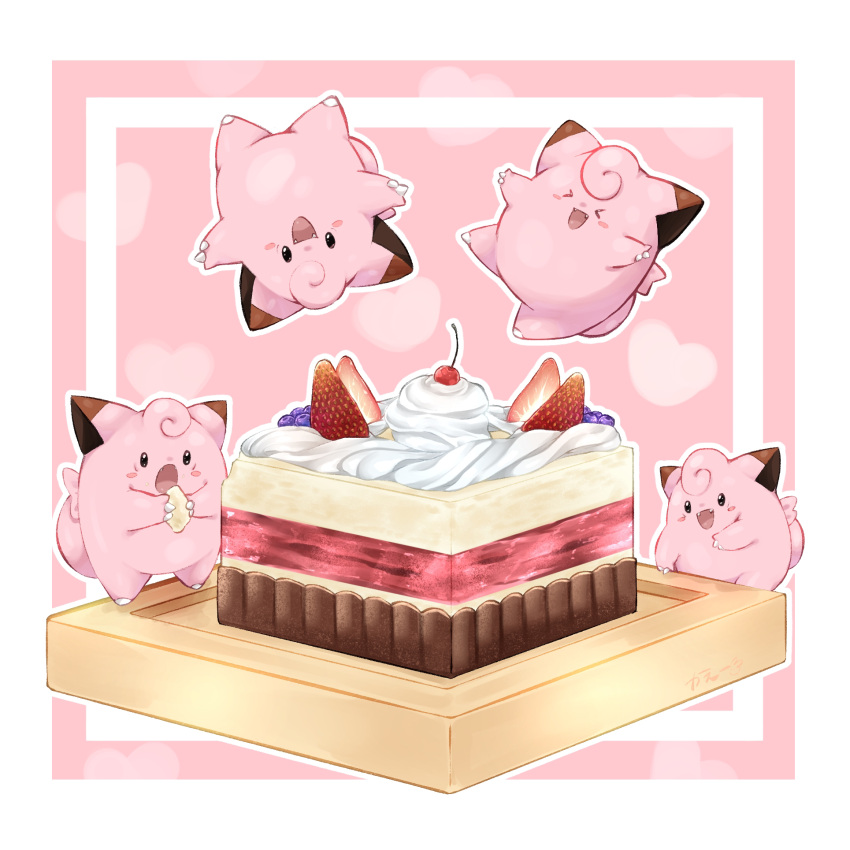 &gt;_&lt; animal_focus black_eyes blank_eyes blueberry blush_stickers border cake cherry claws clefairy closed_eyes commentary cream crumbs eating fangs food food_focus food_on_face fruit full_body happy heart heart_background highres holding holding_food ka_ei_volltis looking_at_viewer no_humans open_mouth outline pink_background pokemon pokemon_(creature) smile standing strawberry upside-down white_border white_outline
