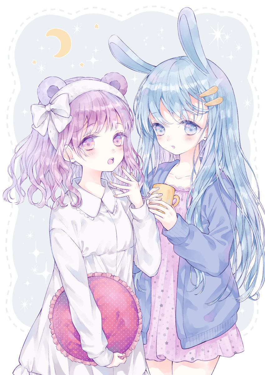 2girls :o absurdres animal_ears bear_ears blue_eyes blue_hair cardigan collared_dress cup dress hair_ornament hand_on_own_face highres holding holding_cup long_hair looking_at_viewer multiple_girls nightgown original pillow purple_hair rabbit_ears short_hair simple_background ting_(tingiiio) violet_eyes