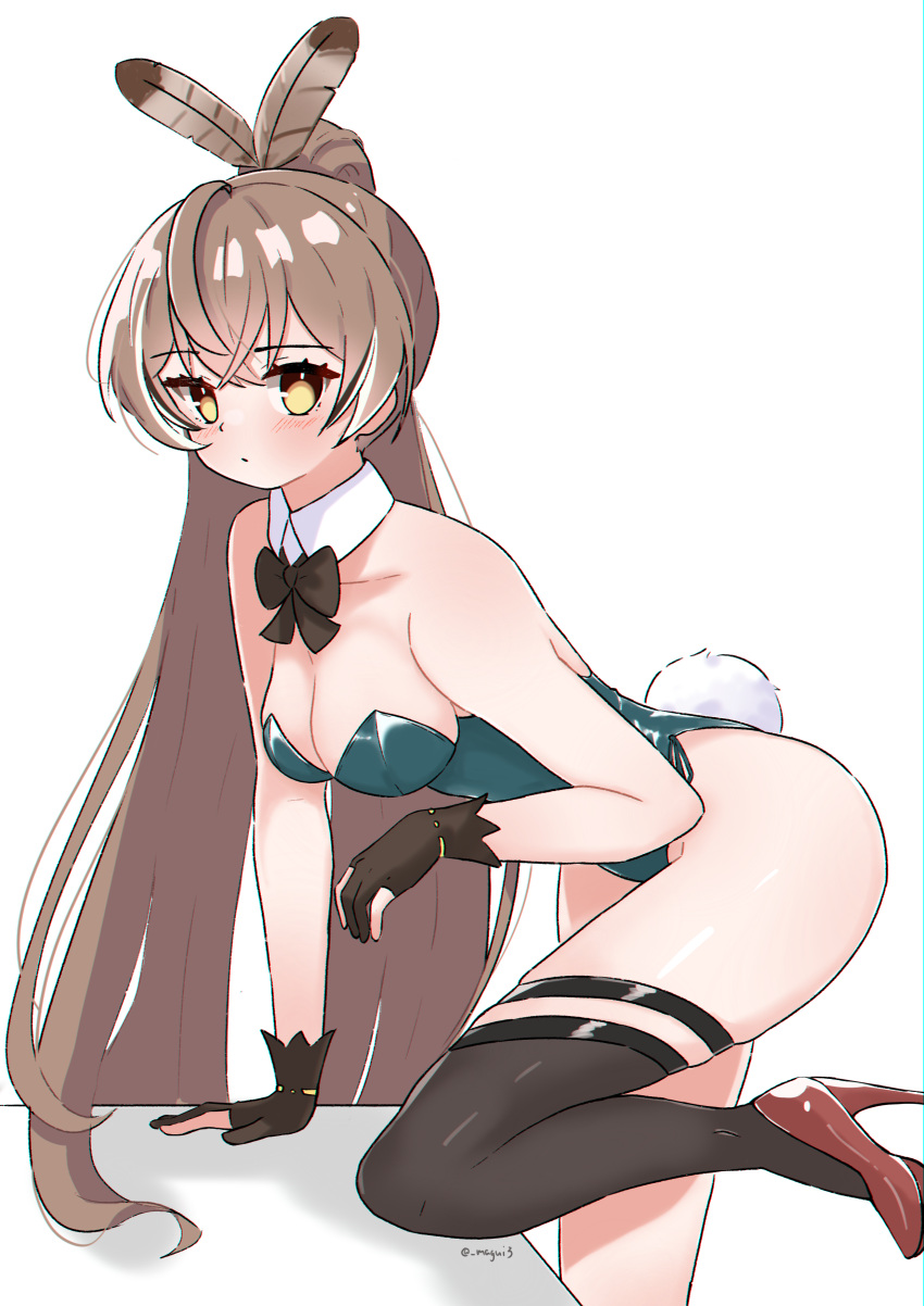 1girl absurdres arm_support black_bow black_bowtie blush bow bowtie breasts brown_hair detached_collar gloves high_heels highres hololive hololive_english long_hair looking_at_viewer magui3 medium_breasts nanashi_mumei partially_fingerless_gloves playboy_bunny rabbit_tail red_footwear single_thighhigh skindentation solo standing standing_on_one_leg tail thigh-highs thighs virtual_youtuber white_background yellow_eyes
