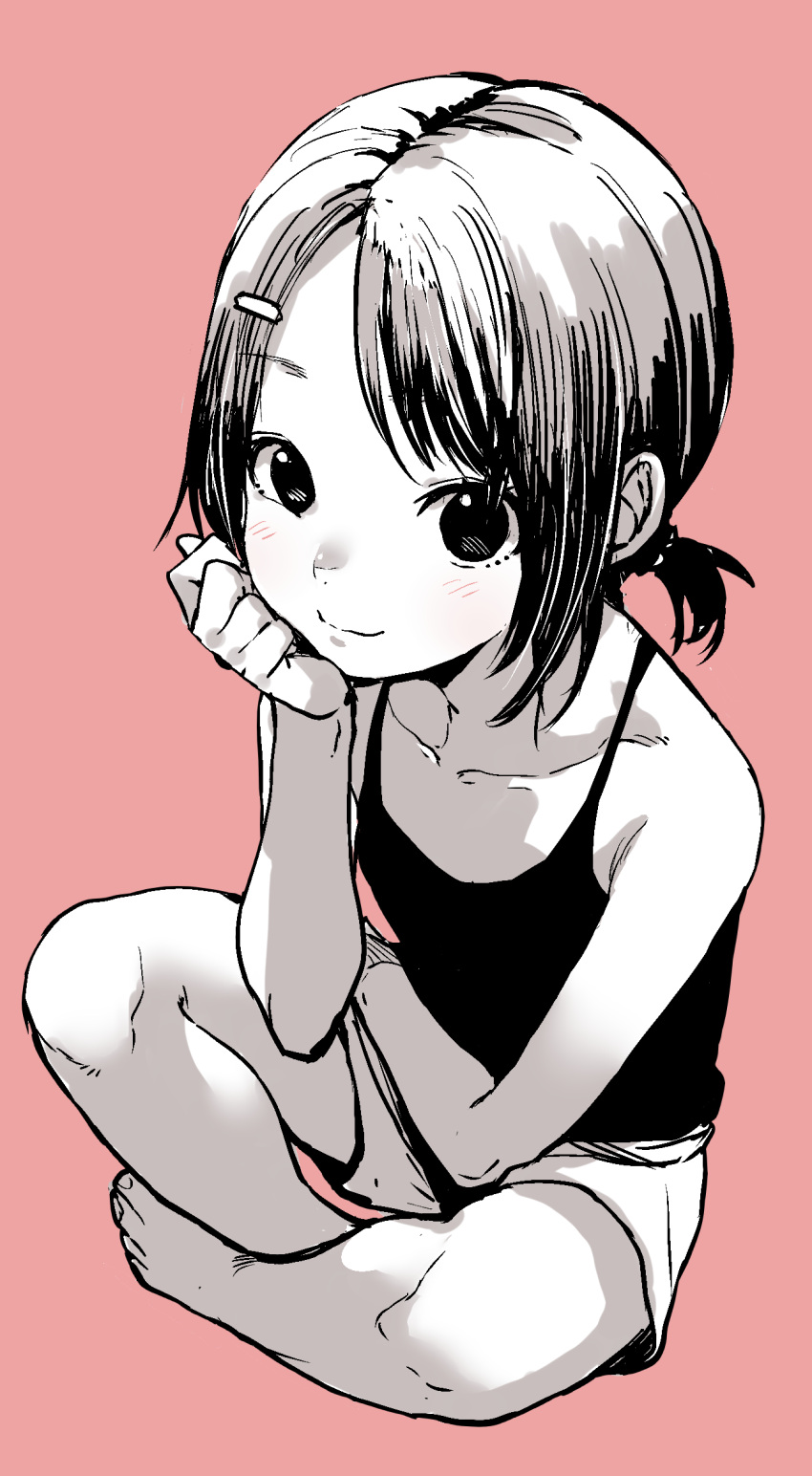 1girl bangs bare_arms bare_shoulders barefoot blush camisole closed_mouth collarbone commentary_request eyebrows_visible_through_hair full_body hair_ornament hairclip hand_up highres looking_at_viewer low_ponytail monochrome original pink_background ponytail short_shorts shorts simple_background smile solo swept_bangs yamamoto_souichirou