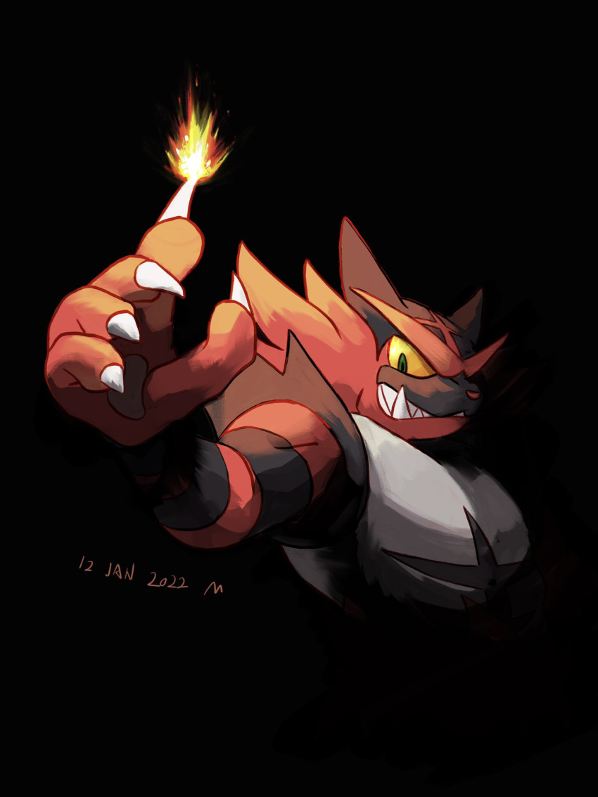 black_background claws colored_sclera commentary_request dated fire flame green_eyes grin highres incineroar looking_at_viewer mokuzou_(moku_ssbu) pokemon pokemon_(creature) sharp_teeth signature smile solo teeth upper_body yellow_sclera