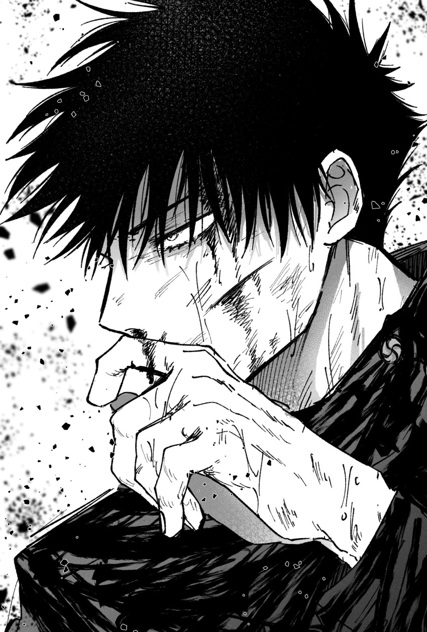 1boy bangs bleeding blood blood_on_face blood_on_hands bruise bruise_on_face buttons cuts fushiguro_megumi fushirun_rung hand_up high_collar highres injury jacket jujutsu_kaisen long_sleeves looking_to_the_side monochrome school_uniform short_hair solo spiky_hair upper_body wiping_nose