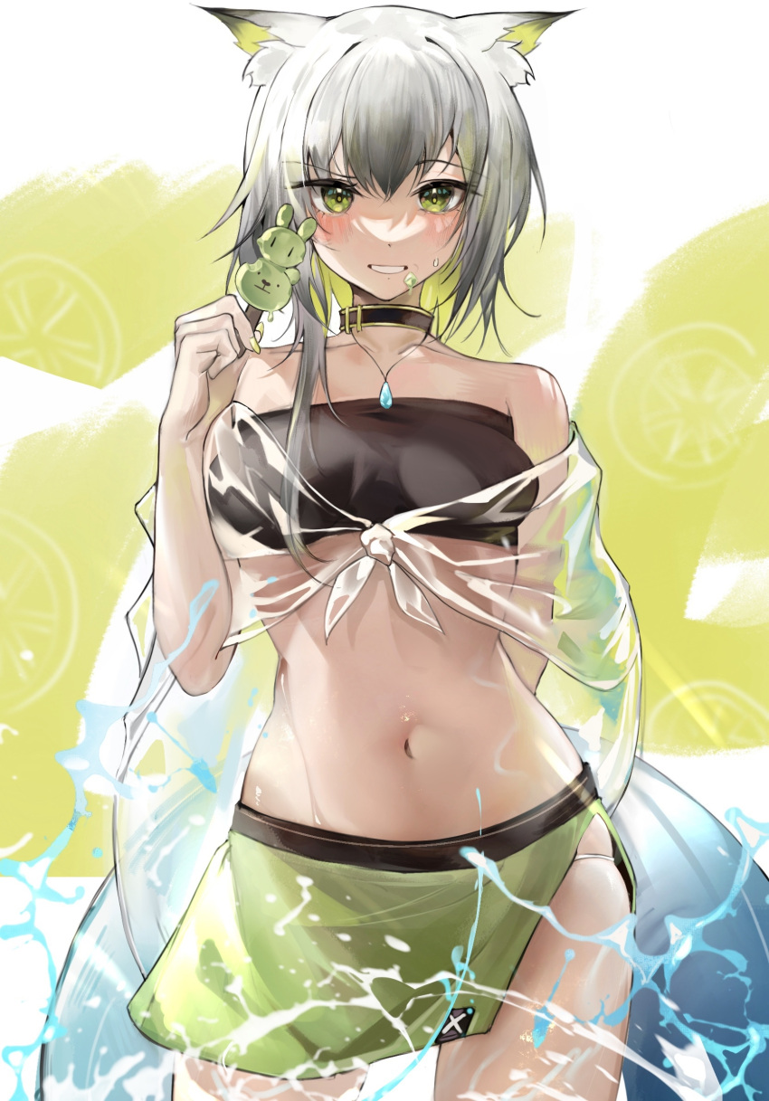 1girl animal_ear_fluff animal_ears arknights bandeau bangs bare_shoulders black_choker blush breasts cat_ears chinese_commentary choker commentary_request cowboy_shot eyebrows_visible_through_hair food food_on_face green_eyes green_skirt grin hair_between_eyes hand_up highres holding holding_food jewelry kal'tsit_(arknights) looking_at_viewer midriff miniskirt navel necklace off_shoulder see-through short_hair skirt small_breasts smile solo standing stomach strapless tabayashi tube_top white_hair