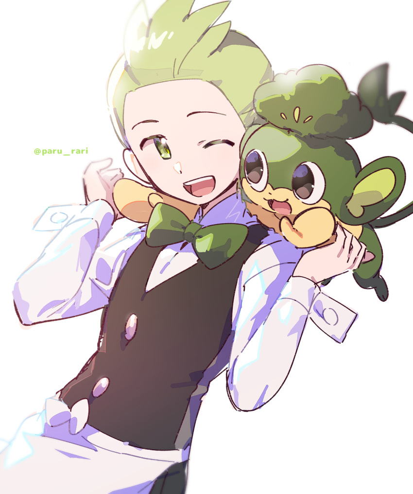 1boy ;d absurdres apron cilan_(pokemon) commentary_request green_eyes green_hair green_necktie hands_up highres male_focus necktie no_sclera on_shoulder one_eye_closed open_mouth pansage paru_rari pokemon pokemon_(anime) pokemon_(creature) pokemon_bw_(anime) pokemon_on_shoulder shirt short_hair smile teeth tongue twitter_username upper_teeth vest waist_apron watermark white_apron white_background white_shirt