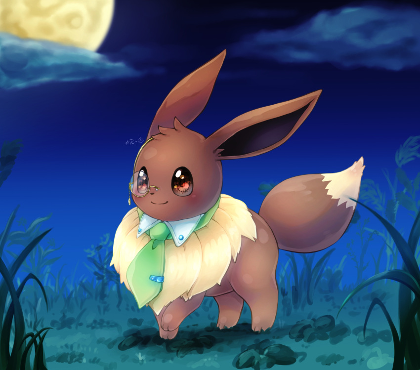 animal_focus artist_name blue_sky blush brown_eyes brown_sclera closed_mouth clothed_pokemon clouds colored_sclera commentary detached_collar eevee fluffy from_side full_body full_moon fur_collar gradient_sky grass green_necktie happy highres ka_ei_volltis monocle moon necktie night no_humans outdoors pokemon pokemon_(creature) signature sky smile solo standing tie_clip yellow-framed_eyewear