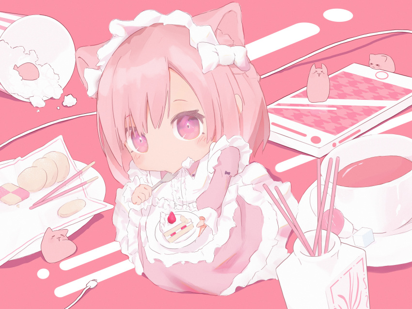1girl absurdres animal_ear_fluff animal_ears apron arisaki_(cnxy7525) blush bow cable cake cake_slice cat_ears cat_girl cellphone chibi cookie cup dress eating food fork hair_bow highres holding holding_cake holding_food looking_at_viewer maid maid_apron maid_headdress medium_hair mitsurugi_lia oversized_food phone pink_dress pink_eyes pink_hair pink_theme pocky popcorn smartphone sugar_cube sweets utensil_in_mouth virtual_youtuber wactor_production white_bow