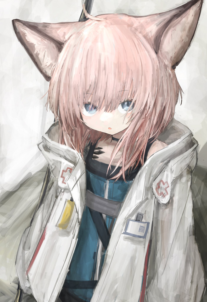 1girl :o ahoge animal_ear_fluff animal_ears arknights bangs black_choker blue_dress blue_eyes choker commentary_request dress eyebrows_visible_through_hair fox_ears hair_between_eyes highres jacket long_sleeves looking_at_viewer open_clothes open_jacket parted_lips piennamekuzi pink_hair puffy_long_sleeves puffy_sleeves solo sussurro_(arknights) white_jacket