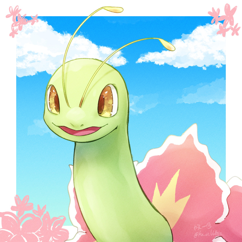 :3 animal_focus antennae artist_name blue_sky border clouds commentary day happy highres ka_ei_volltis looking_at_viewer meganium no_humans open_mouth outdoors outside_border pokemon pokemon_(creature) signature sky smile solo twitter_username upper_body white_border yellow_eyes