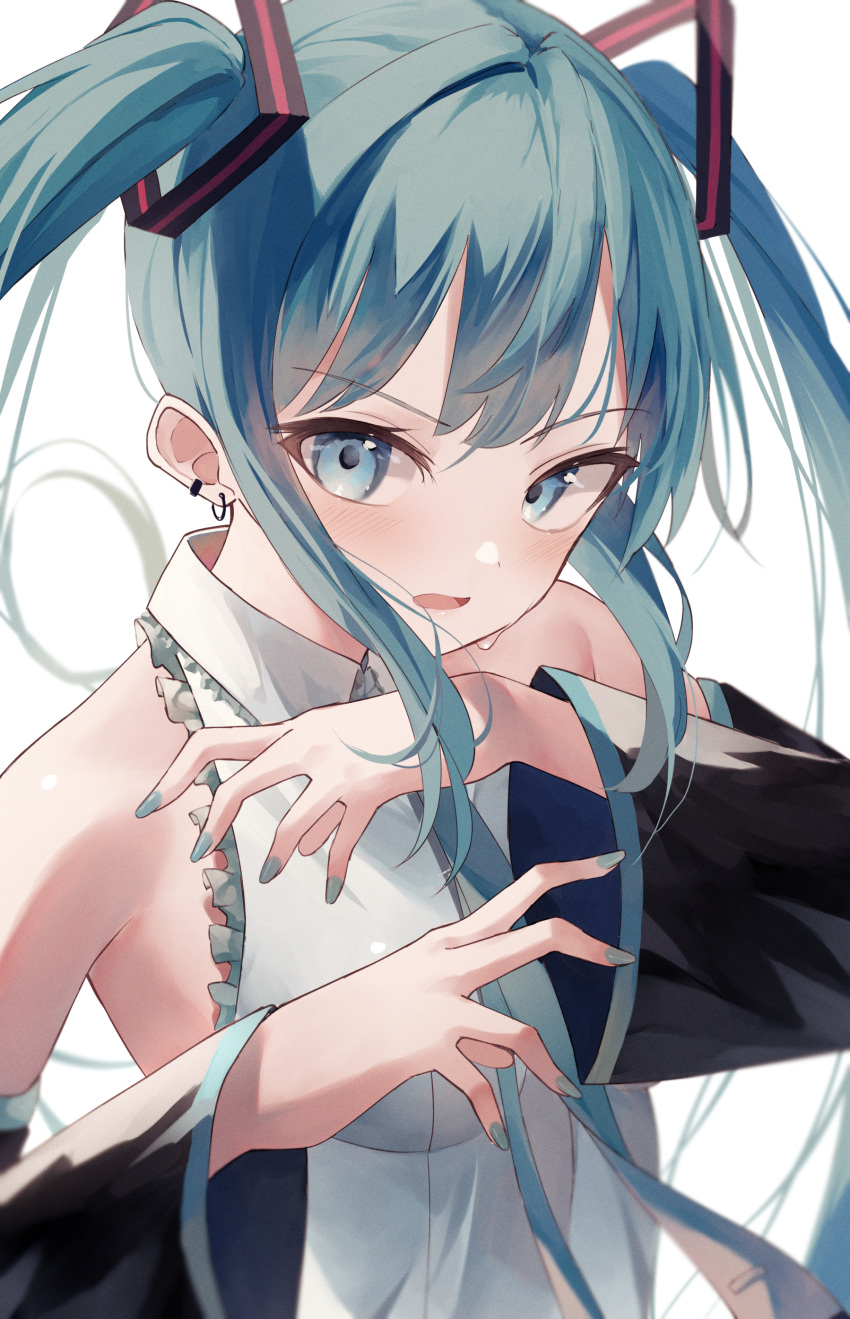 1girl absurdres annoyed arms_up bangs bare_shoulders blue_eyes blue_hair blush collared_shirt detached_sleeves ear_piercing earrings hair_ornament hatsune_miku highres jewelry lace_trim long_hair long_sleeves looking_at_viewer nail_polish narrowed_eyes necktie open_mouth piercing shirt shun'ya_(daisharin36) sleeveless sleeveless_shirt sleeves_past_wrists solo sweat sweatdrop twintails very_long_hair vocaloid