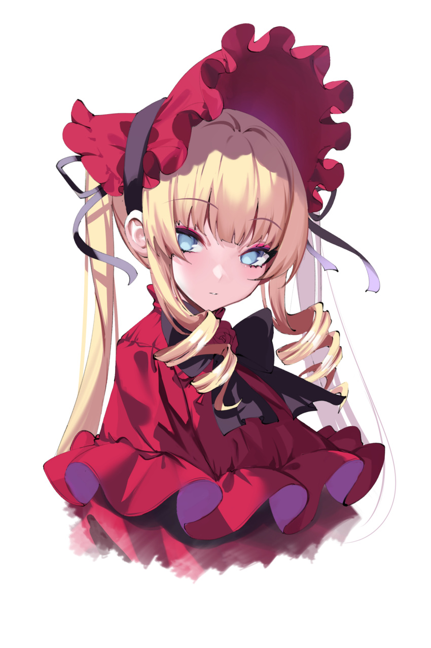 1girl absurdres bangs black_bow blonde_hair blue_eyes blunt_bangs bow commentary dress drill_hair eyebrows_visible_through_hair eyeliner frilled_dress frilled_hat frills hat highres long_hair looking_at_viewer makeup no_pupils parted_lips portrait red_dress red_headwear rozen_maiden shinku sidelocks simple_background solo spider_apple twintails white_background