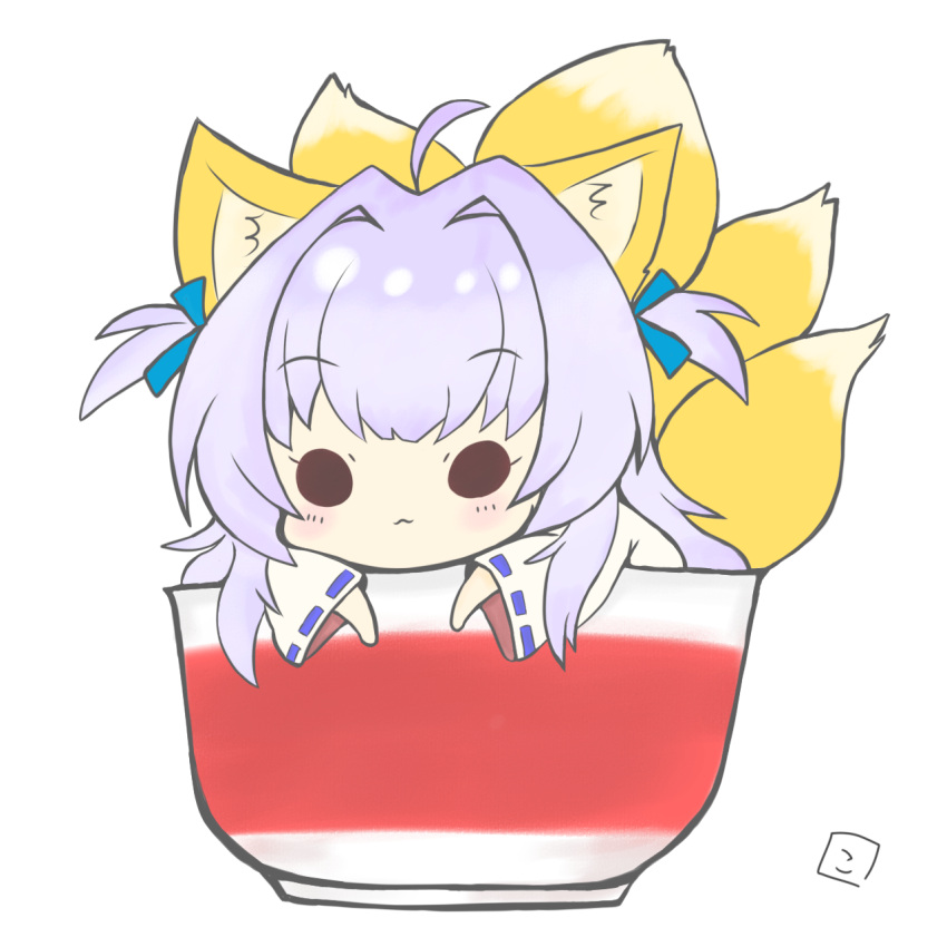 1girl :3 ahoge animal_ears artist_logo bangs blush_stickers bowl chibi commentary cp_haru eyebrows_visible_through_hair fox_ears fox_girl fox_tail hair_intakes hair_ribbon highres in_bowl in_container kyuubi kyuubi_(sennen_sensou_aigis) light_purple_hair long_hair long_sleeves multiple_tails ribbon ribbon-trimmed_sleeves ribbon_trim sennen_sensou_aigis simple_background solid_circle_eyes solo tail two_side_up white_background