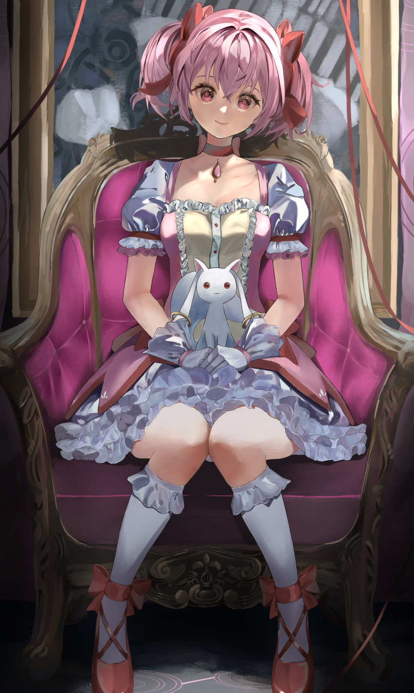 1girl absurdres blush bow breasts collarbone dress eyebrows_visible_through_hair gloves hair_bow highres kaname_madoka kyubey looking_at_viewer mahou_shoujo_madoka_magica pink_dress pink_eyes pink_hair puffy_short_sleeves puffy_sleeves shirasuke_0822 short_sleeves sitting small_breasts smile socks solo soul_gem twintails white_gloves white_legwear