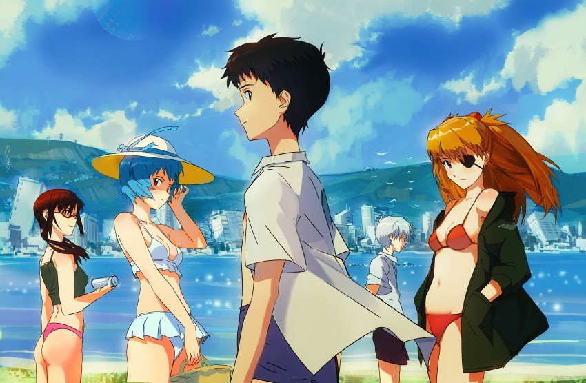 2boys 3girls absurdres ass ayanami_rei beach bikini blue_hair blue_sky breasts clouds cloudy_sky glasses hat highres ikari_shinji letro makinami_mari_illustrious multiple_boys multiple_girls nagisa_kaworu neon_genesis_evangelion rebuild_of_evangelion sky souryuu_asuka_langley swimsuit