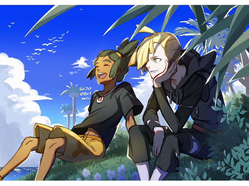 2boys :d absurdres ahoge alolan_exeggutor bangs black_shirt blonde_hair closed_eyes clouds commentary_request dark-skinned_male dark_skin dated day floral_print gladion_(pokemon) grass green_hair happy hau_(pokemon) head_rest highres hood hoodie knees letterboxed male_focus mugiccha2 multiple_boys open_mouth outdoors pants pokemon pokemon_(creature) pokemon_(game) pokemon_sm shirt short_hair short_ponytail shorts signature sitting sky smile teeth tongue upper_teeth