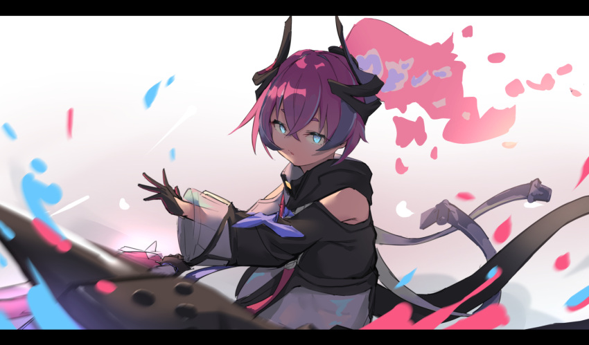 0shino 1girl bangs bare_shoulders black_gloves black_shirt blue_eyes blurry blurry_foreground clothing_cutout depth_of_field eyebrows_behind_hair gloves hair_between_eyes honkai_(series) honkai_impact_3rd letterboxed long_sleeves looking_at_viewer parted_lips pink_hair rozaliya_olenyeva see-through shirt short_eyebrows shoulder_cutout solo thick_eyebrows wide_sleeves