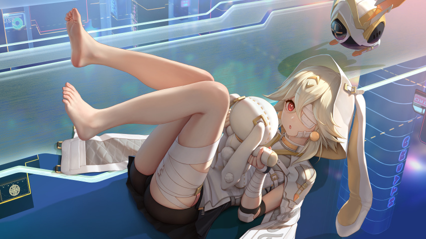 1girl absurdres animal_ears bandages bare_legs barefoot black_shorts character_request feet feet_up highres himitsu_(hi_mi_tsu_2) holding holding_toy looking_at_viewer medium_hair open_mouth rabbit_ears red_eyes shorts silver_hair soles stuffed_animal stuffed_toy toes tower_of_fantasy toy