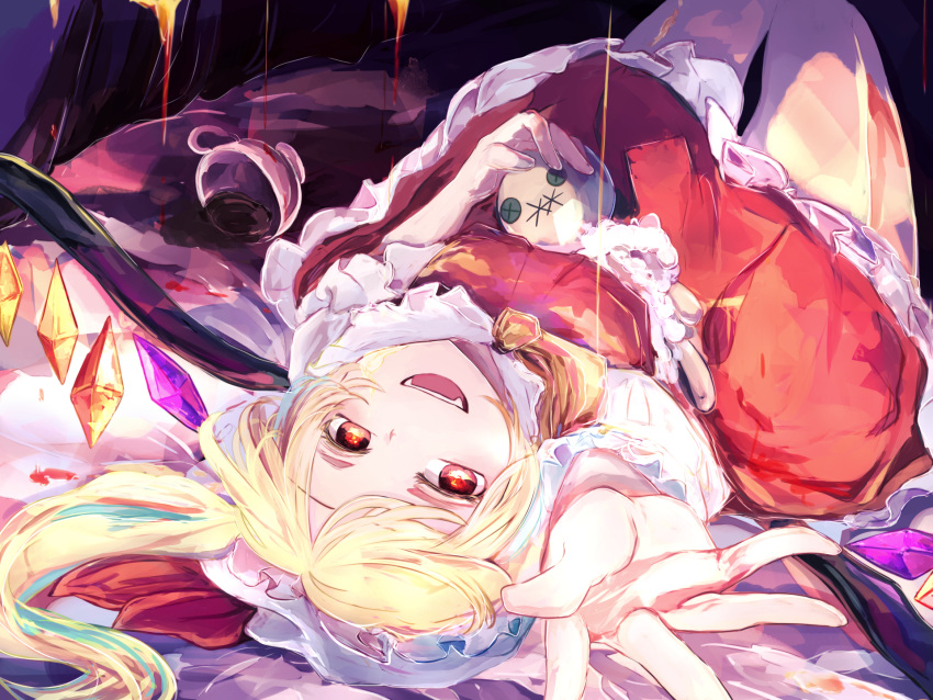 1girl :d ascot blonde_hair commentary crystal cup fangs flandre_scarlet frilled_skirt frills hat hat_ribbon highres holding holding_stuffed_toy long_hair looking_at_viewer lying mob_cap on_back one_side_up open_mouth reaching_out red_eyes red_ribbon red_skirt red_vest ribbon shirt short_sleeves skirt skirt_set smile solo spill stuffed_toy teacup teeth tobari_(seaetana) touhou upper_teeth vest white_headwear white_shirt wings yellow_ascot