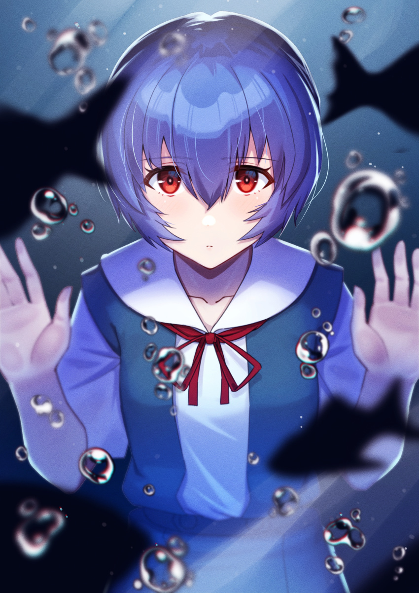 1girl absurdres against_glass ayanami_rei bangs blue_hair blue_skirt blurry blurry_foreground bubble closed_mouth eyebrows_visible_through_hair fish frown hair_between_eyes highres looking_at_viewer neck_ribbon neon_genesis_evangelion red_eyes red_ribbon ribbon sailor_collar school_uniform shiny shiny_hair shirt short_hair skirt solo standing suspender_skirt suspenders toketa_(toketa15) white_sailor_collar white_shirt