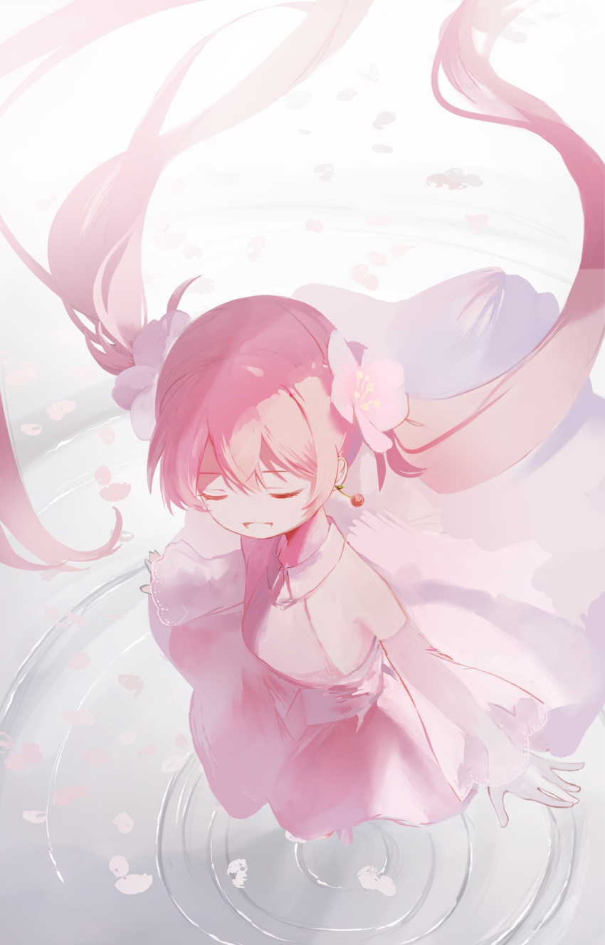 1girl :d bangs bare_shoulders cherry_blossoms cherry_earrings closed_eyes collared_shirt detached_sleeves ear_piercing earrings floating_hair flower food-themed_earrings from_above hair_flower hair_ornament hatsune_miku highres in_water jewelry long_hair long_sleeves open_mouth perspective petals petals_on_liquid piercing pink_hair ripples sakura_miku see-through see-through_sleeves shirt skirt sleeveless sleeveless_shirt sleeves_past_wrists smile solo twintails very_long_hair vocaloid water yoru_410