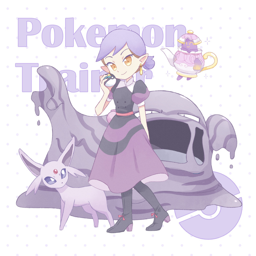 1girl akasaka_(qv92612) amity_blight boots dangle_earrings dress earrings espeon floating hair_bun high_heel_boots high_heels highres holding holding_poke_ball jewelry muk multicolored_hair pointy_ears poke_ball poke_ball_symbol pokemon pokemon_(creature) polteageist purple_dress smile standing the_owl_house two-tone_hair yellow_eyes